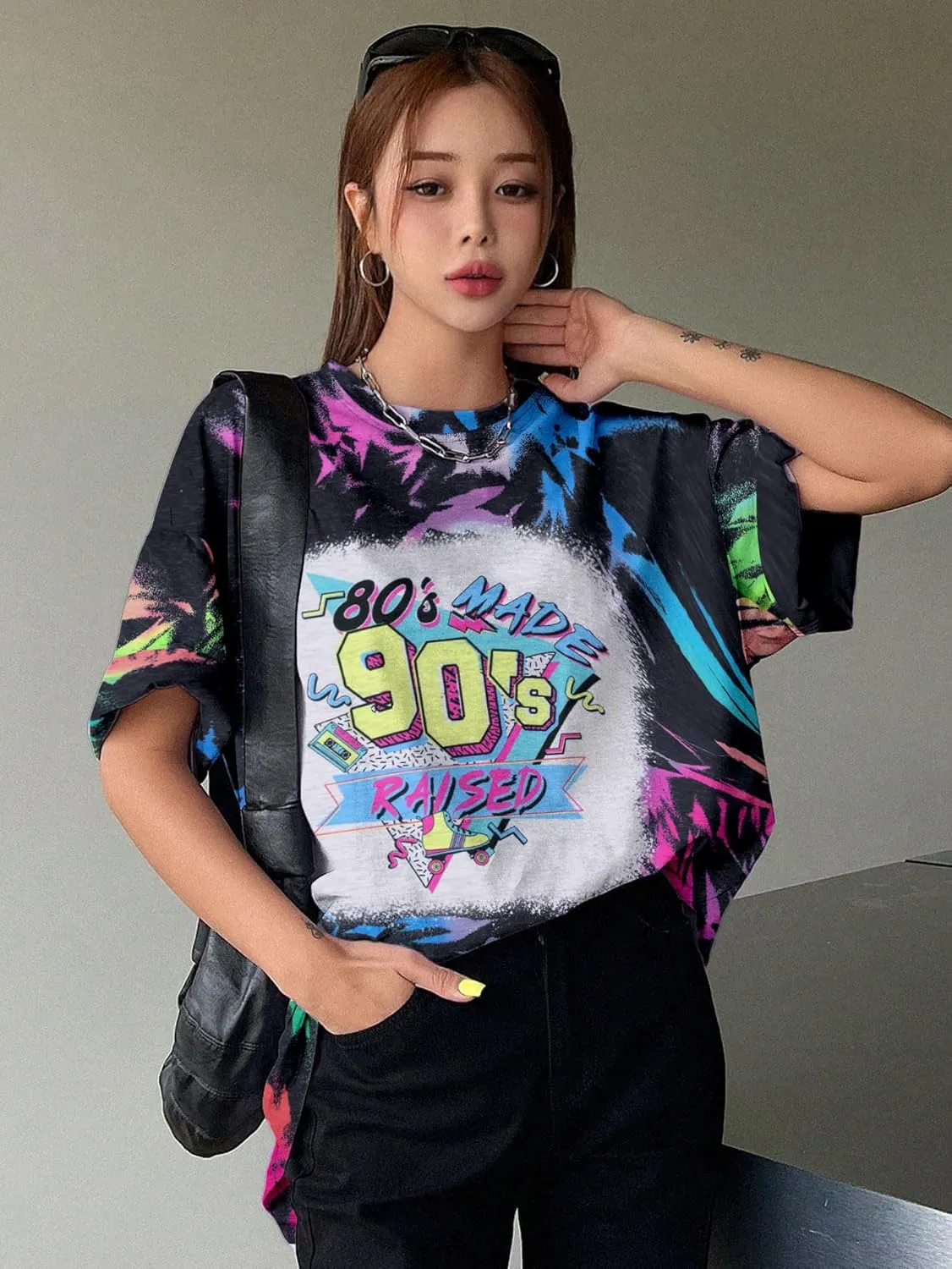 80s 90s Shirt Women Retro 80's 90's Music Graphic Tshirt Vintage Neon Crew Neck Top 80s Made 90s Raised Print Outfit
