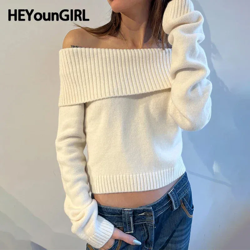 Amozae Solid Color Off Shoulder Women Sweater Minimalism Long Sleeve Knitted Jumper Casual Fashion Winter Pullovers Street