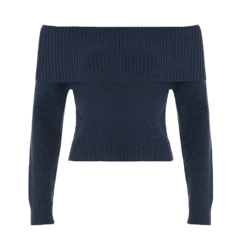 Amozae Solid Color Off Shoulder Women Sweater Minimalism Long Sleeve Knitted Jumper Casual Fashion Winter Pullovers Street