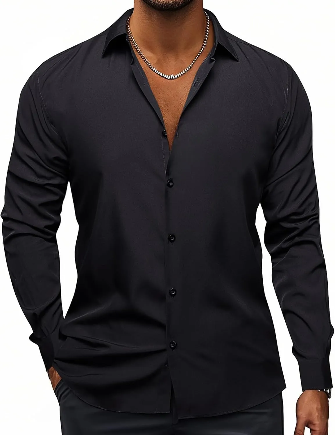 Hi-Tie Men's 4 Way Stretch Dress Shirts Long Sleeve Button Down Wrinkle Free Casual Formal Dress Shirt for Men