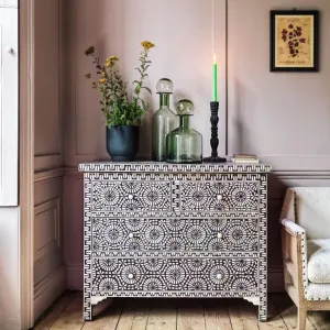 Kaleidoscope Bone Inlay Chest of 4 Drawers Black | Black Chest Of Drawers