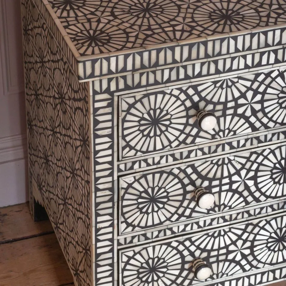 Kaleidoscope Bone Inlay Chest of 4 Drawers Black | Black Chest Of Drawers