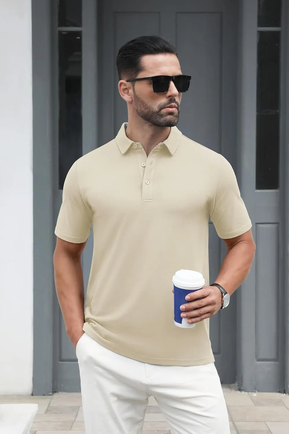 MAGCOMSEN Men's Polo Shirts Short Sleeve Cotton Pique 3 Button Classic Fit Casual T-Shirt Performance Golf Shirts