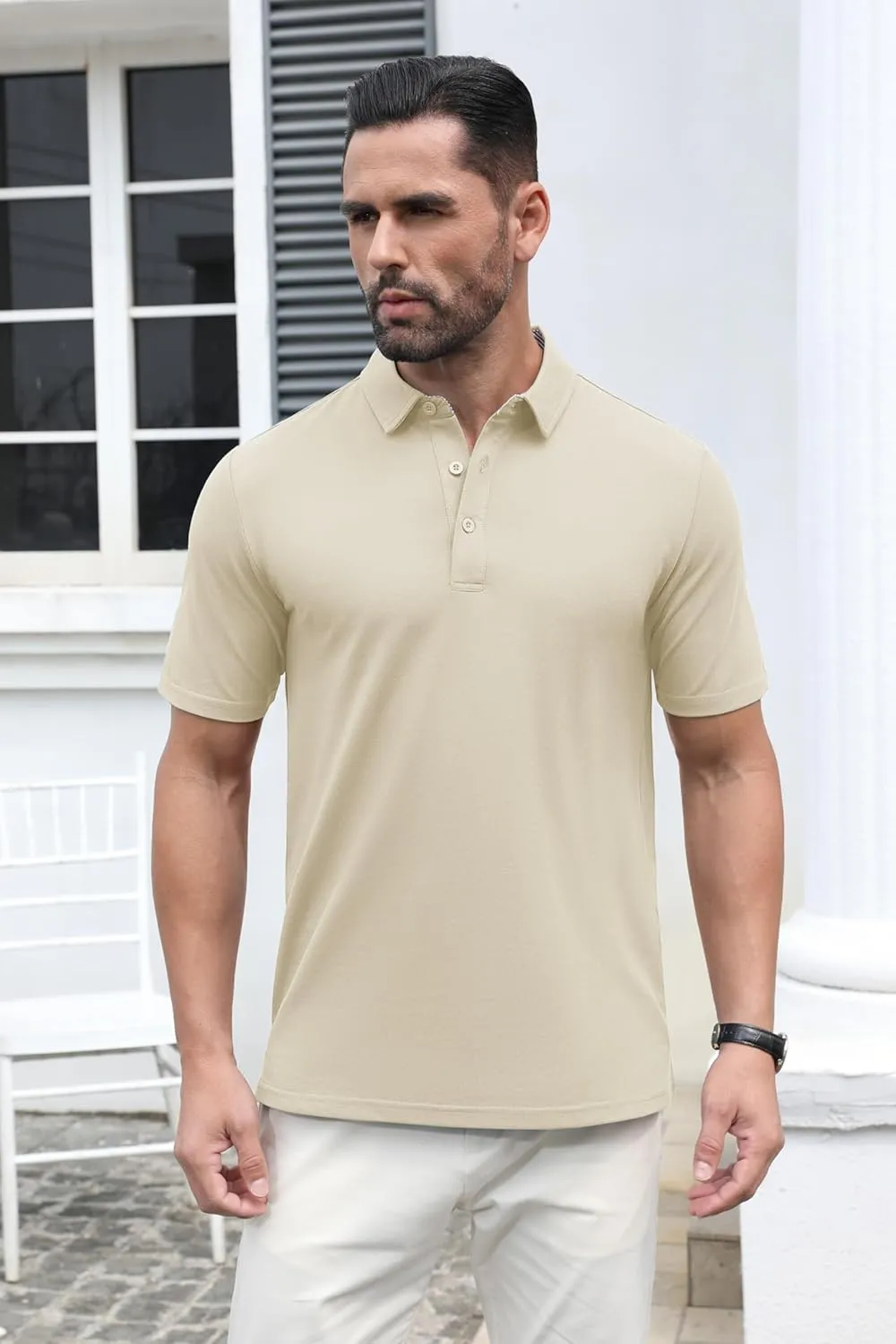 MAGCOMSEN Men's Polo Shirts Short Sleeve Cotton Pique 3 Button Classic Fit Casual T-Shirt Performance Golf Shirts