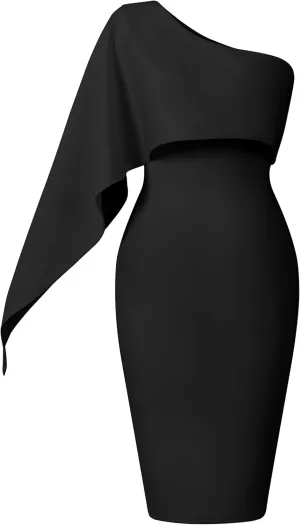 Memoriesea Women's Elegant One Shoulder Ruffle Bodycon Cocktail Party Midi Dress