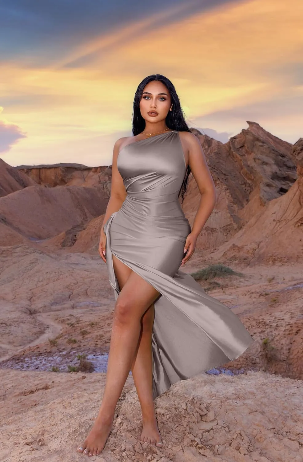 Memoriesea Women's Plus Size Satin Sexy One Shoulder High Split Cocktail Wedding Party Maxi Dress