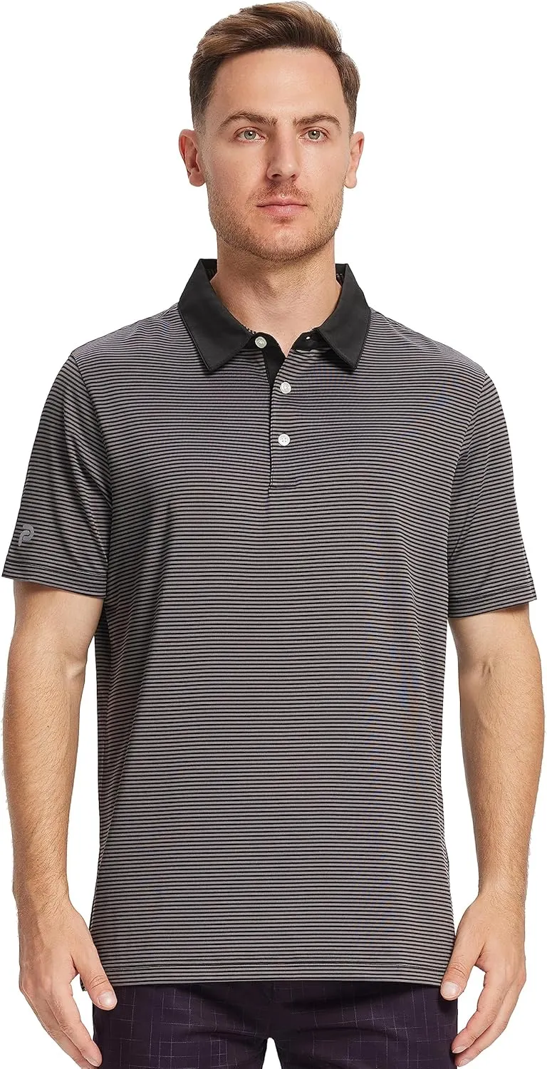 Mens Golf Polo Shirt Moisture Wicking Dry Fit Performance Athletic Short Sleeve Striped Golf Shirts for Men