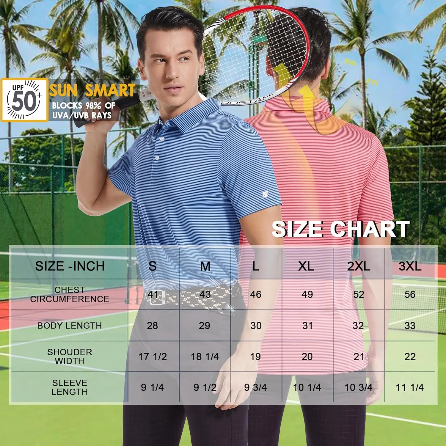 Mens Golf Polo Shirt Moisture Wicking Dry Fit Performance Athletic Short Sleeve Striped Golf Shirts for Men