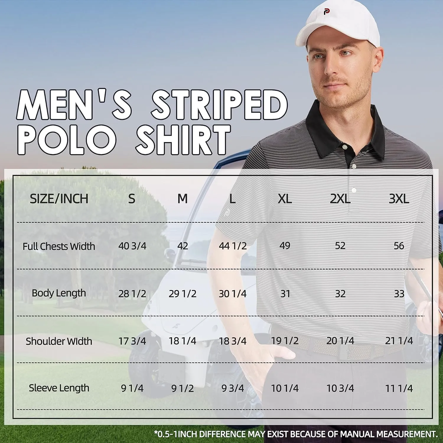 Mens Golf Polo Shirt Moisture Wicking Dry Fit Performance Athletic Short Sleeve Striped Golf Shirts for Men