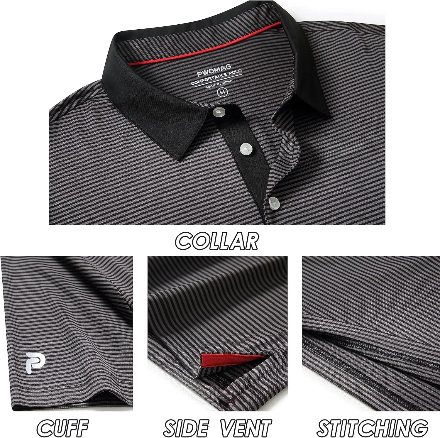 Mens Golf Polo Shirt Moisture Wicking Dry Fit Performance Athletic Short Sleeve Striped Golf Shirts for Men