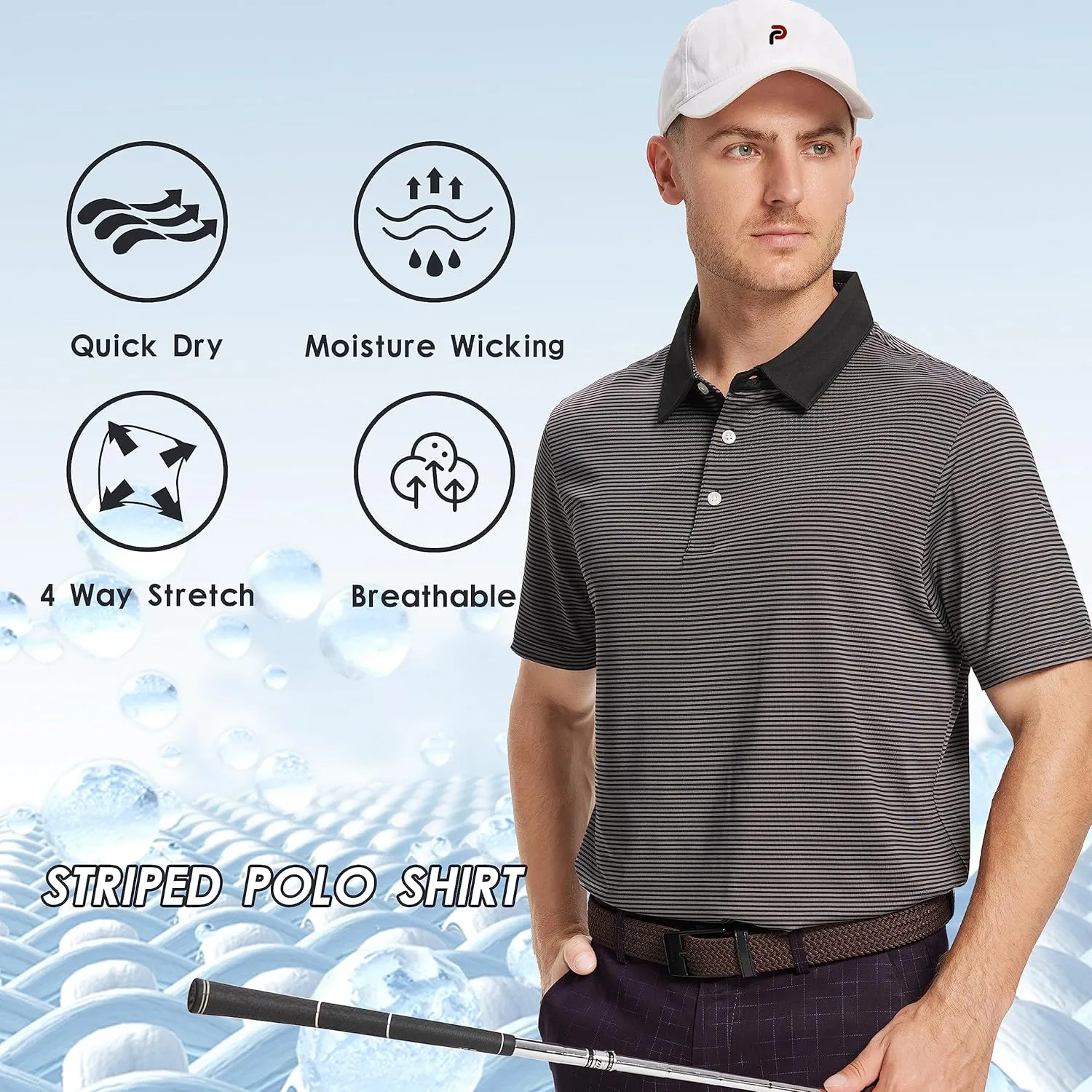 Mens Golf Polo Shirt Moisture Wicking Dry Fit Performance Athletic Short Sleeve Striped Golf Shirts for Men