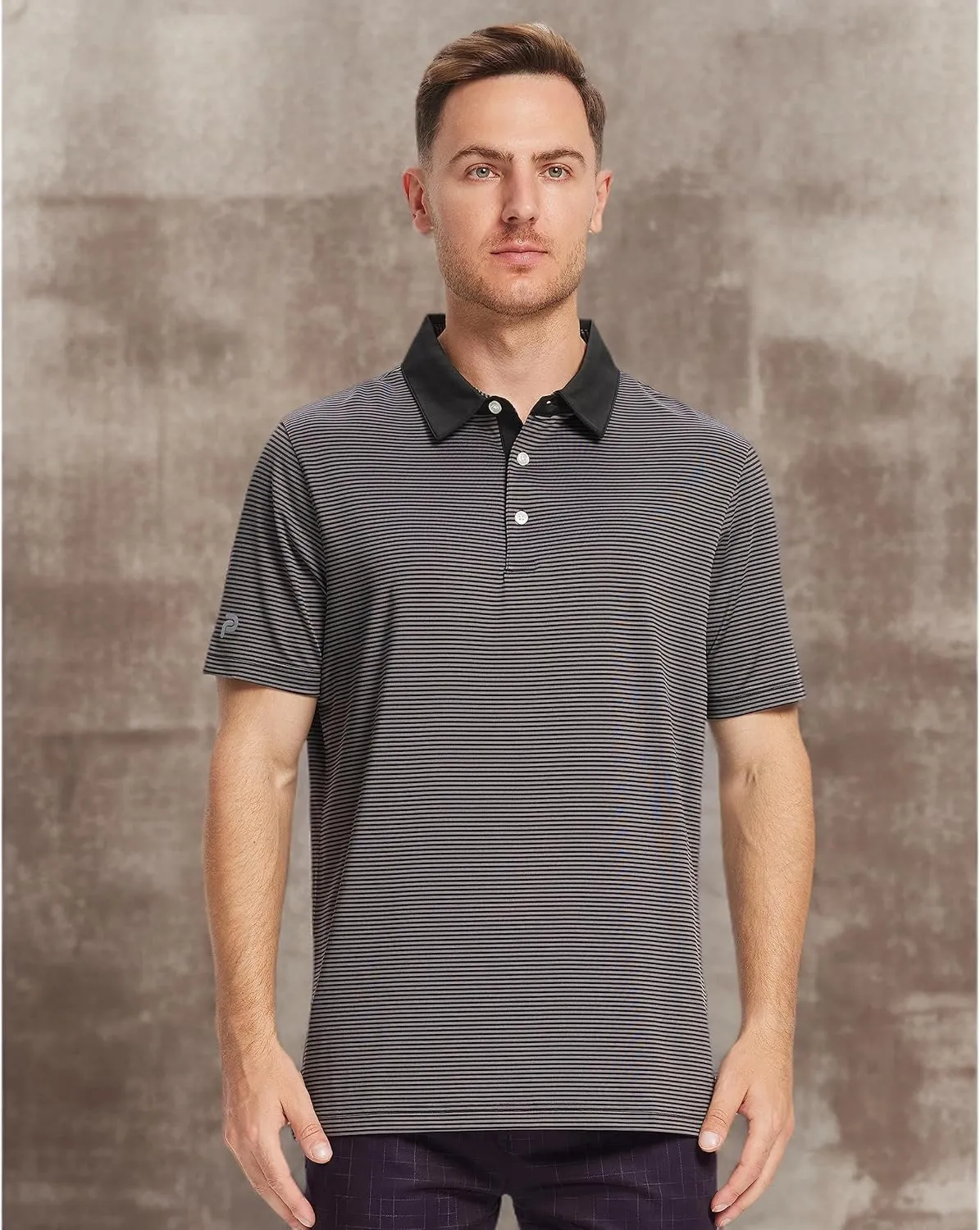 Mens Golf Polo Shirt Moisture Wicking Dry Fit Performance Athletic Short Sleeve Striped Golf Shirts for Men
