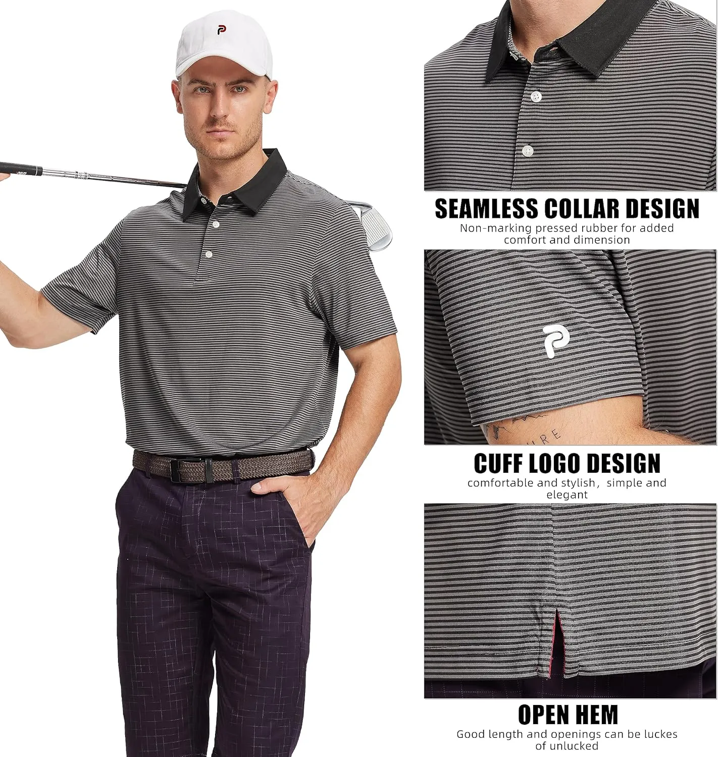 Mens Golf Polo Shirt Moisture Wicking Dry Fit Performance Athletic Short Sleeve Striped Golf Shirts for Men