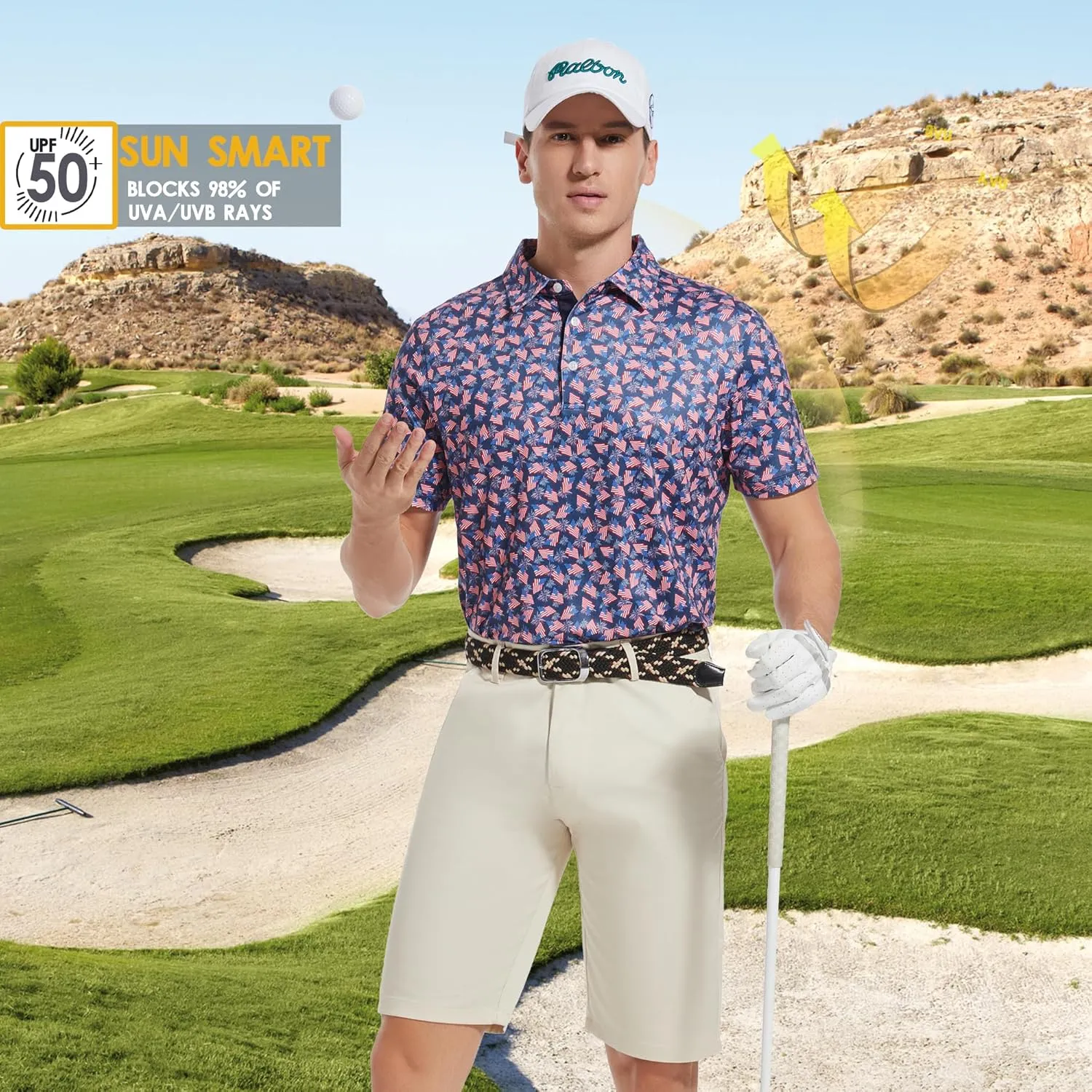 Mens Golf Shirt Moisture Wicking Dry Fit Print Performance Short Sleeve Polo Shirts for Men