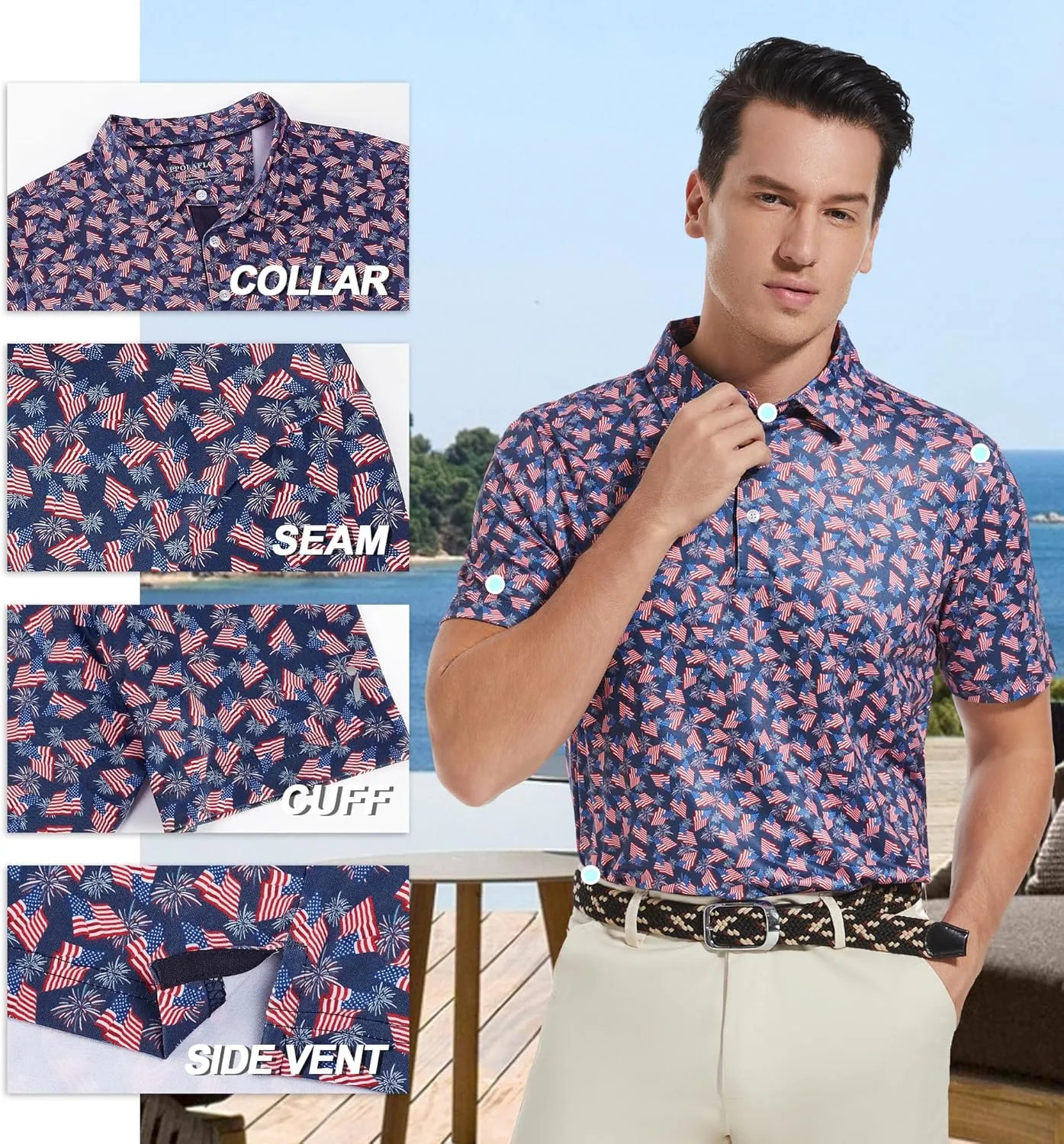 Mens Golf Shirt Moisture Wicking Dry Fit Print Performance Short Sleeve Polo Shirts for Men