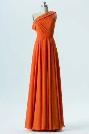 Orange Chiffon One-Shoulder Bridesmaid Dress
