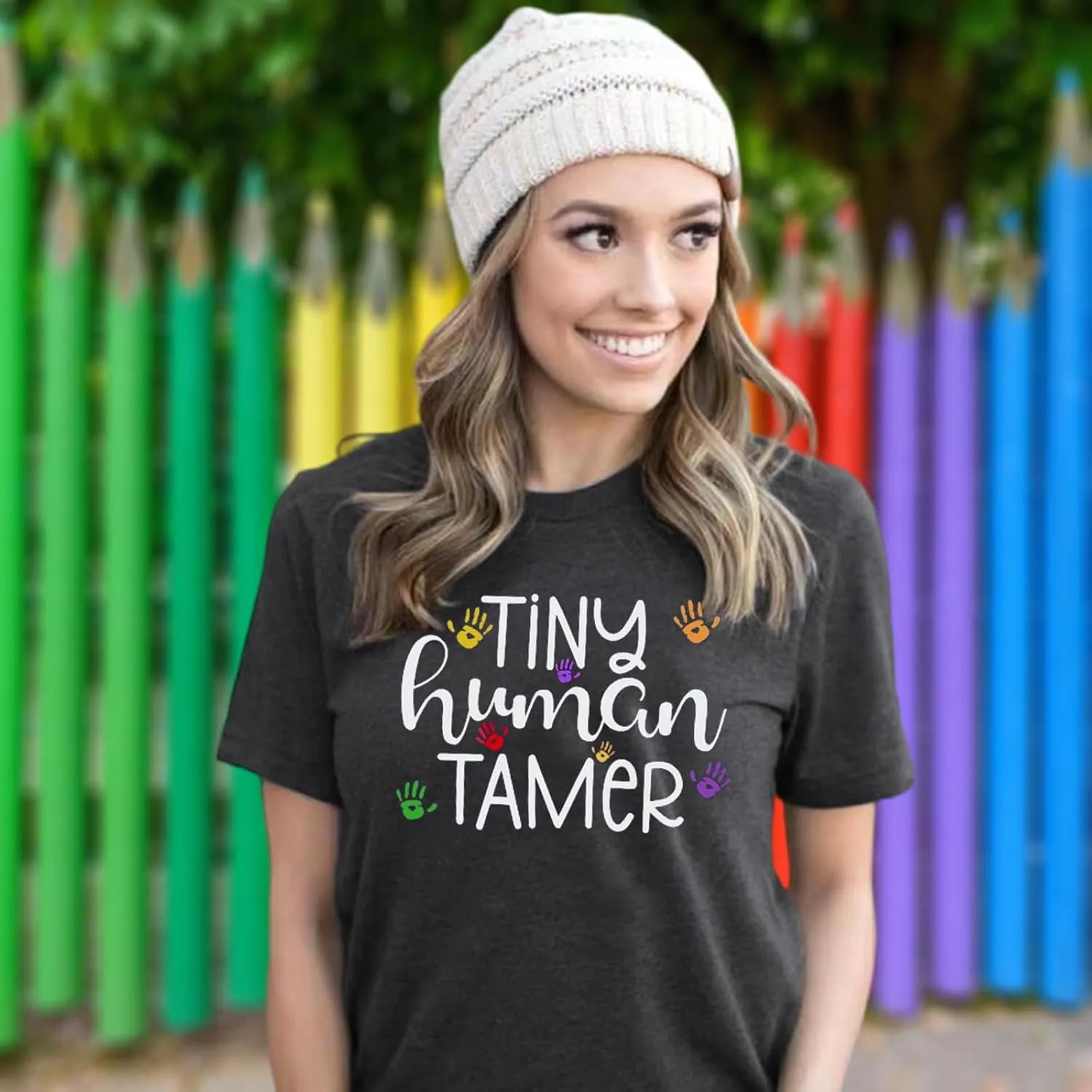 Teacher Shirts for Women - Kindergarten & Elementary School Teaching Tee Funny Tiny Human Tamer Graphic Tees Tops