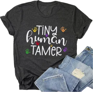 Teacher Shirts for Women - Kindergarten & Elementary School Teaching Tee Funny Tiny Human Tamer Graphic Tees Tops