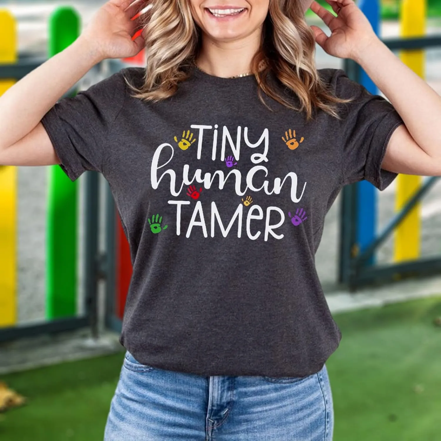 Teacher Shirts for Women - Kindergarten & Elementary School Teaching Tee Funny Tiny Human Tamer Graphic Tees Tops