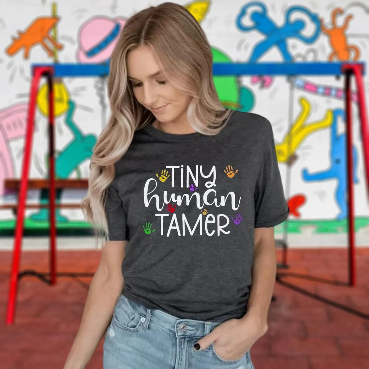Teacher Shirts for Women - Kindergarten & Elementary School Teaching Tee Funny Tiny Human Tamer Graphic Tees Tops