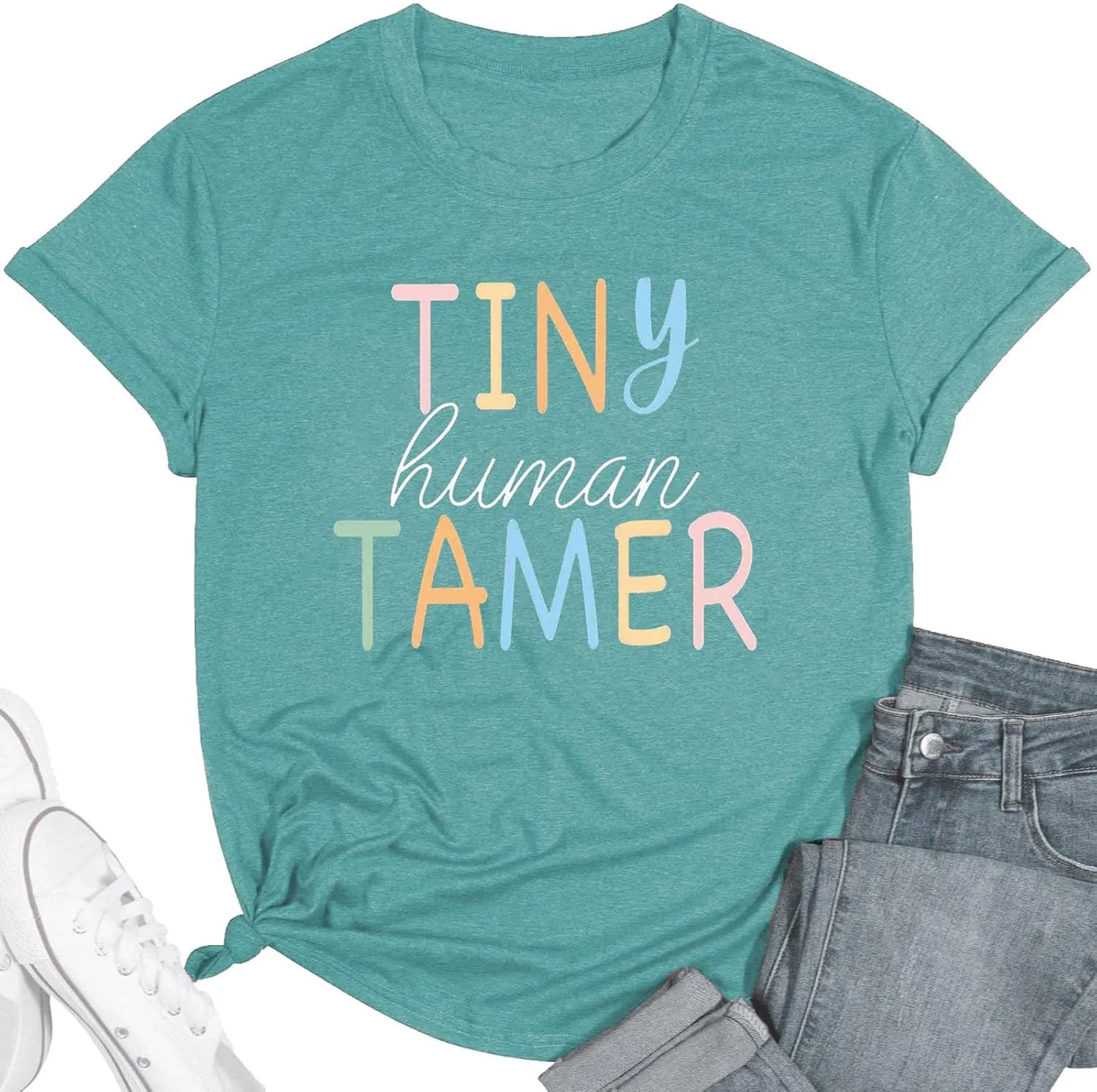 Teacher Shirts for Women - Kindergarten & Elementary School Teaching Tee Funny Tiny Human Tamer Graphic Tees Tops