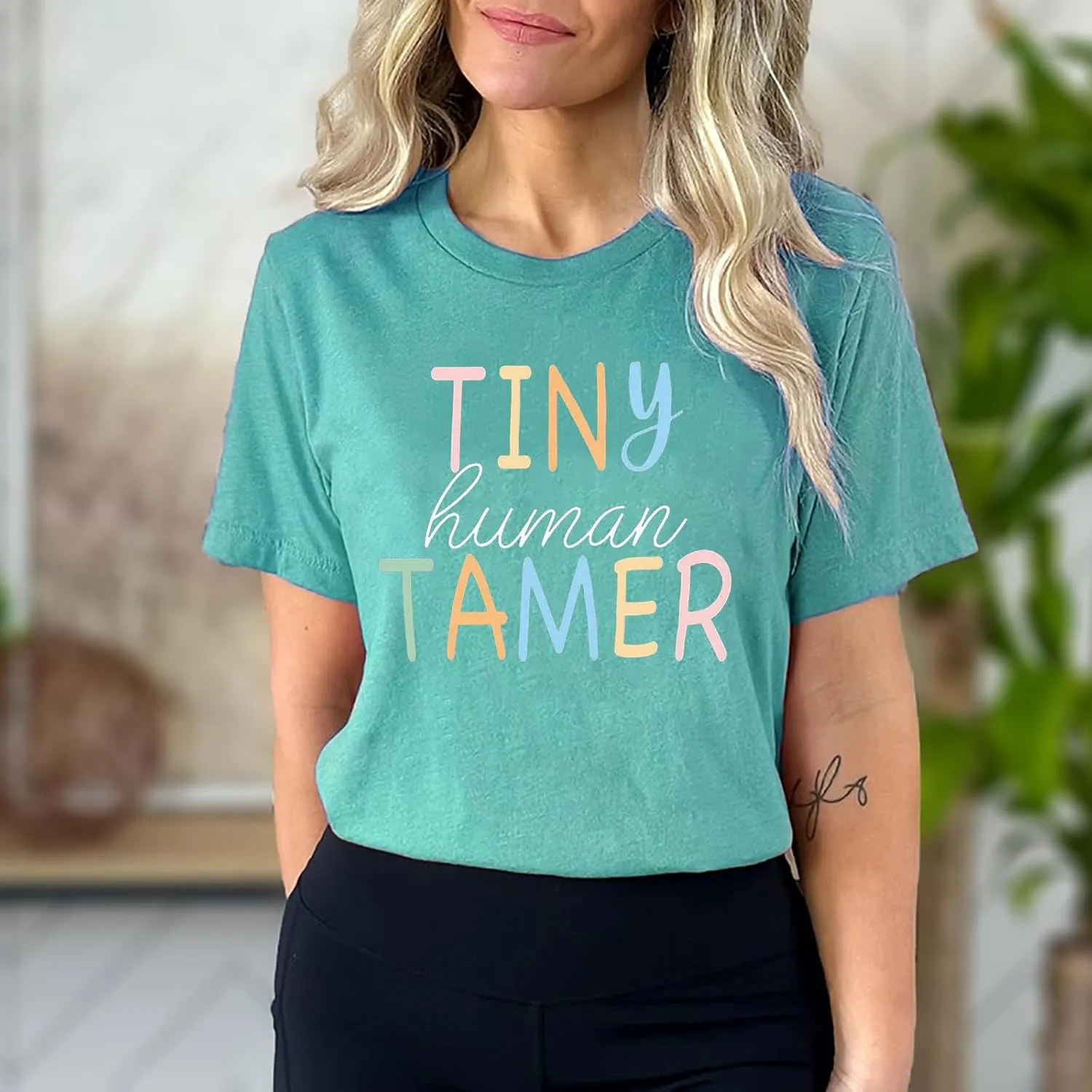 Teacher Shirts for Women - Kindergarten & Elementary School Teaching Tee Funny Tiny Human Tamer Graphic Tees Tops