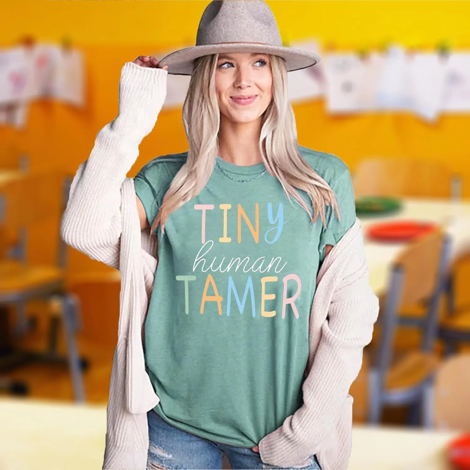 Teacher Shirts for Women - Kindergarten & Elementary School Teaching Tee Funny Tiny Human Tamer Graphic Tees Tops