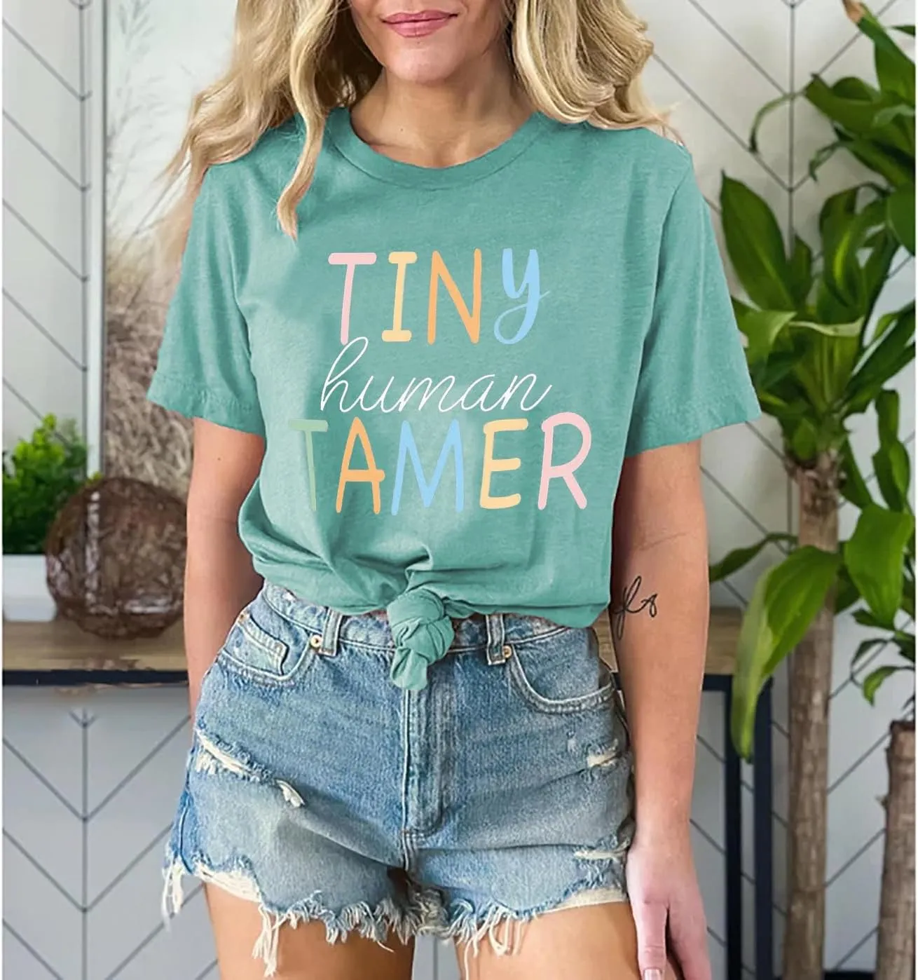 Teacher Shirts for Women - Kindergarten & Elementary School Teaching Tee Funny Tiny Human Tamer Graphic Tees Tops