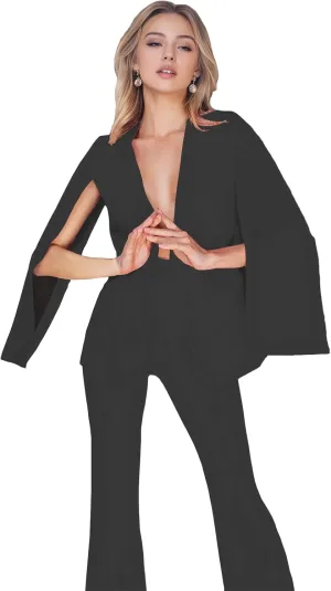 TIANMEI Womens Cape Suit Casual Split Sleeve Cloak Jacket 2 Pieces Open Front Business Blazer Pants Suits for Women Workwear