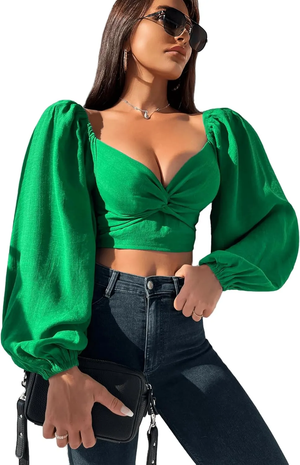VIDUSSA Women's Puff Long Sleeve Crop Tops Twisted Knot Front V Neck Smocked Shirts Blouses