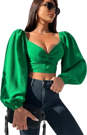 VIDUSSA Women's Puff Long Sleeve Crop Tops Twisted Knot Front V Neck Smocked Shirts Blouses