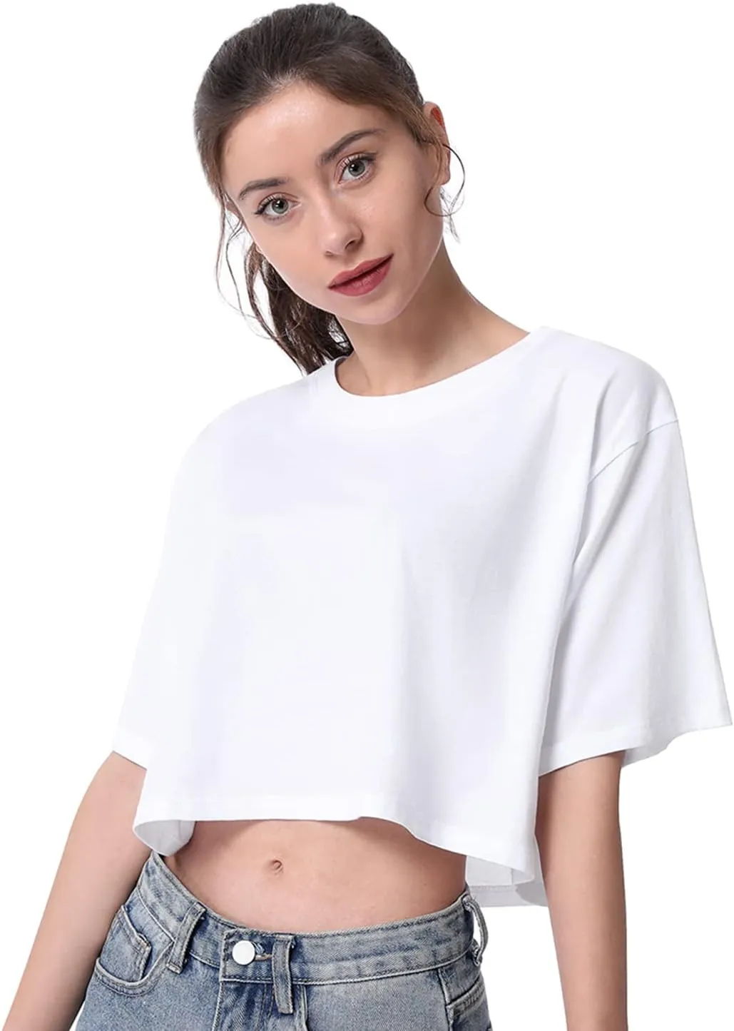 Xelky Womens Crop Casual Tops Tshirt Cotton Loose Workout Short Sleeve Round Neck Tee Yoga Running Shirts 4 Pack