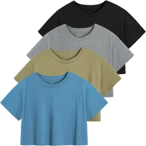 Xelky Womens Crop Casual Tops Tshirt Cotton Loose Workout Short Sleeve Round Neck Tee Yoga Running Shirts 4 Pack