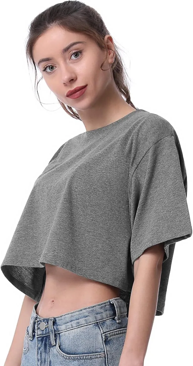 Xelky Womens Crop Casual Tops Tshirt Cotton Loose Workout Short Sleeve Round Neck Tee Yoga Running Shirts 4 Pack