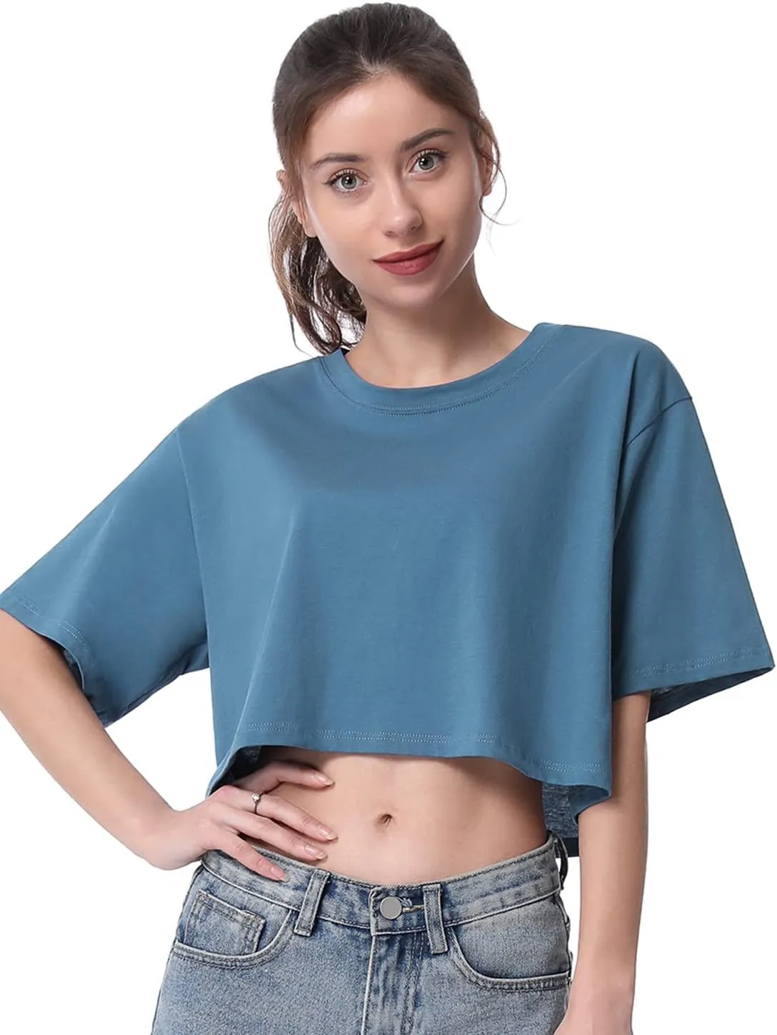 Xelky Womens Crop Casual Tops Tshirt Cotton Loose Workout Short Sleeve Round Neck Tee Yoga Running Shirts 4 Pack