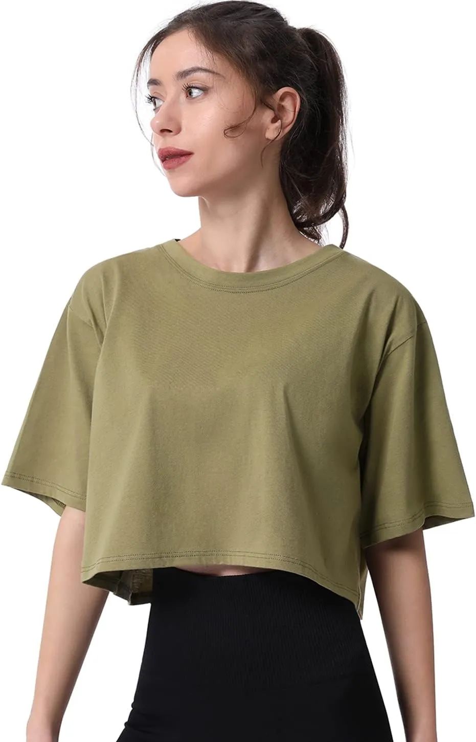 Xelky Womens Crop Casual Tops Tshirt Cotton Loose Workout Short Sleeve Round Neck Tee Yoga Running Shirts 4 Pack